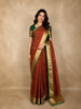 Rust Brown Checked Woven Design Kanchipuram Silk Saree with Contrast Green Zari Border