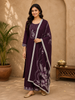 Deep Wine Plum Purple Bird Motif Printed Design Cotton Palazzo Suit with Floral Dupatta