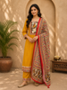 Mustard Yellow Bird Motif Printed Design Cotton Palazzo Suit with Floral Dupatta