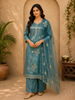Deep Teal Blue Floral Thread Embroidered Design Organza Palazzo Suit