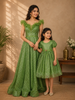 Parrot Green Glittery Party Wear Gowns for Mother & Daughter