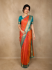Orange and Pink Dual-Tone Striped Woven Design Kanchipuram Silk Saree with Contrast Teal Zari Border