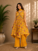 Yellow Anarkali Salwar Suit Adorned With Beads and Floral Design and With Dupatta