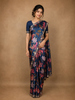 Dark Blue Floral Designed Satin Saree