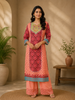 Pink Crepe Straight Cut Salwar Suit Adorned with Floral Prints, With 3/4 Sleeves