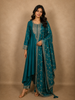 Deep Peacock Teal Blue Sequins Embroidered Design Semi Silk Salwar Suit with Designer Dupatta