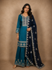Deep Peacock Teal Blue Floral Zari Embroidered Design Tussar Palazzo Suit with Contrast Dupatta