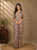 Beige MultiColor Abstract Printed Synthetic Saree with Mustard Yellow Sequin Embroidered Blouse