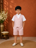 Peach and White Cotton Blend Trousers and Shirt Ensemble paired with Overcoat