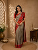 Light Brown Solid Design Tussar Silk Saree With Red Contrast Border