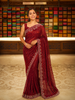 Deep Crimson Red Heavy Sequins and Beads Embroidered Design Pure Organza Fancy Saree with Scalloped Border