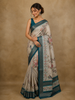 Off White Floral Vine Printed Design Chiffon Saree with Contrast Peacock Blue Zari Border