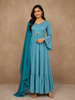 Blue Cotton Straight Cut Salwar Suit Adorned with Stripes and Mirror Work paired with Dupatta