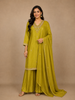 Green Floral Designed Semi Silk Sharara Salwar Suit