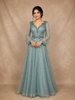 Teal Blue Net with Floral Embroidery and Bishop Sleeves Gown