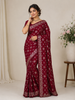 Dark Red Satin Saree with Floral Designs on the Body and Embroidery Border