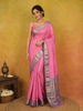 Pink Pure Kanchipuram Silk Saree with Floral and Stripes Design on the Body and with Contrast Designed Border