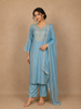 Sky Blue Straight Cut Salwar Suit Adorned With Floral Designs, with 3/4 Sleeve and Matching Dupatta