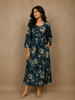 Navy Blue Floral Design Printed Rayon Kuti