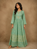 Teal Green Cotton Long Kurti Top Adorned with Sequins and Flower Design Prints without Dupatta