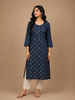 Navy Blue Ikat Printed Cotton Straight Cut Kurti
