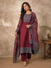 Maroon Crepe Straight Cut Salwar Suit for women with Floral prints and Zari Design with Dupatta
