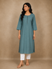 Cyan Blue Solid Cotton Kurti With Button Detailing