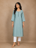 Light Cyan Blue Solid Cotton Kurti With Button Detailing