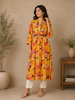 Orange Yellow Cotton Kurti Adorned with Floral Prints and Waist Belt