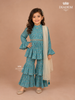 Teal Crushed Silk Sharara Set Adorned with Floral Prints and Mirror work, Paired with Dupatta