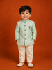 Aqua Green Raw Silk Sherwani Suit with Brooch