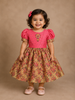 Mustard and Peach Crepe Frock Adorned with Floral Prints and Sequins
