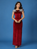 Red Solid Design Velvet Partywear Gown With Silver Floral Shoulder Embellishments