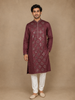 Wine Mirror Work Embroidered Cotton Kurta For Men