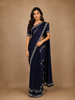 Navy Blue Stone Embellished Satin Saree With Scalloped Border