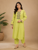 Pista Green Cotton Straight Cut Salwar Suit for Girls Adorned with Floral Threadwork Embroidery, paired with Dupatta