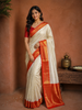 White Pure Kanchipuram Silk Saree with Vines Floral Design on the Body with Korvai Border