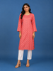 Peach Floral Geometric Design Printed Cotton Kurti