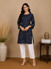 Navy Blue Floral Printed Cotton Rayon Kurti