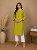 Mustard Green Solid Cotton Kurti With Button Detailing