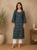 Deep Teal Blue Floral Printed Design Cotton Kurti