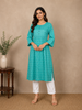 Turquoise Green with Ikat-Inspired Print Rayon Kurti