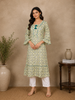 Off White and Green Geometric Floral Printed Cotton Kurti