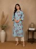 Cyan Blue Leaf Design Printed Cotton Kurti