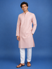 Pink Sequin Embroidered Cotton Kurta For Men
