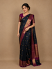 Navy Blue Peacock Woven Pure Kanchipuram Silk Saree With Contrast Border