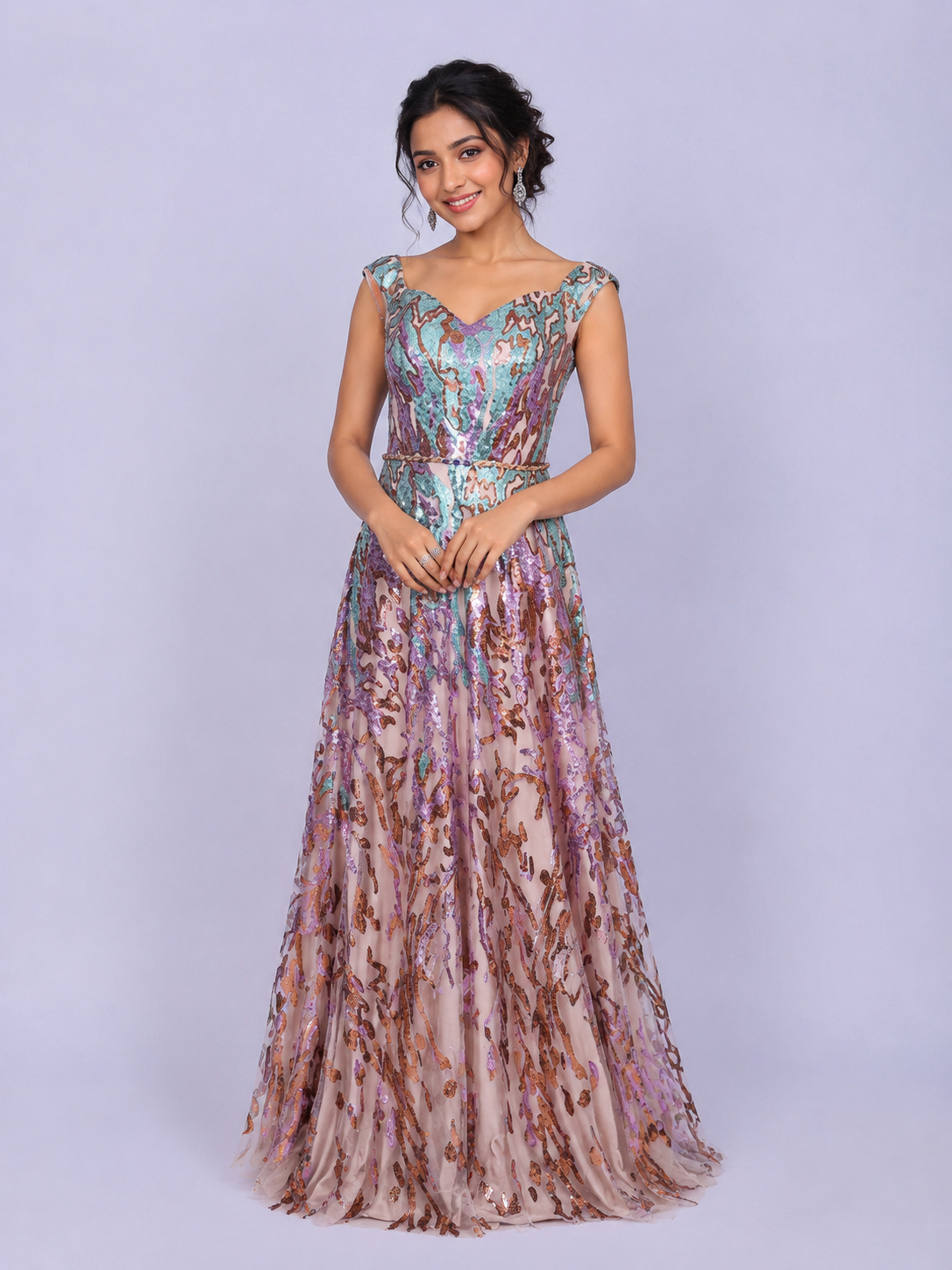Multicolor Net Gown Embellished with Full Sequins