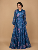 Blue Floral Print Chiffon Partywear Gown