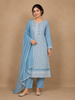 Blue Grey Cotton Straight Cut Salwar Suit for Women Adorned with Floral Threadwork Embroidery, paired with Dupatta