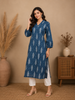 Blue Cotton Kurti Top Adorned with Leaf Design Prints
